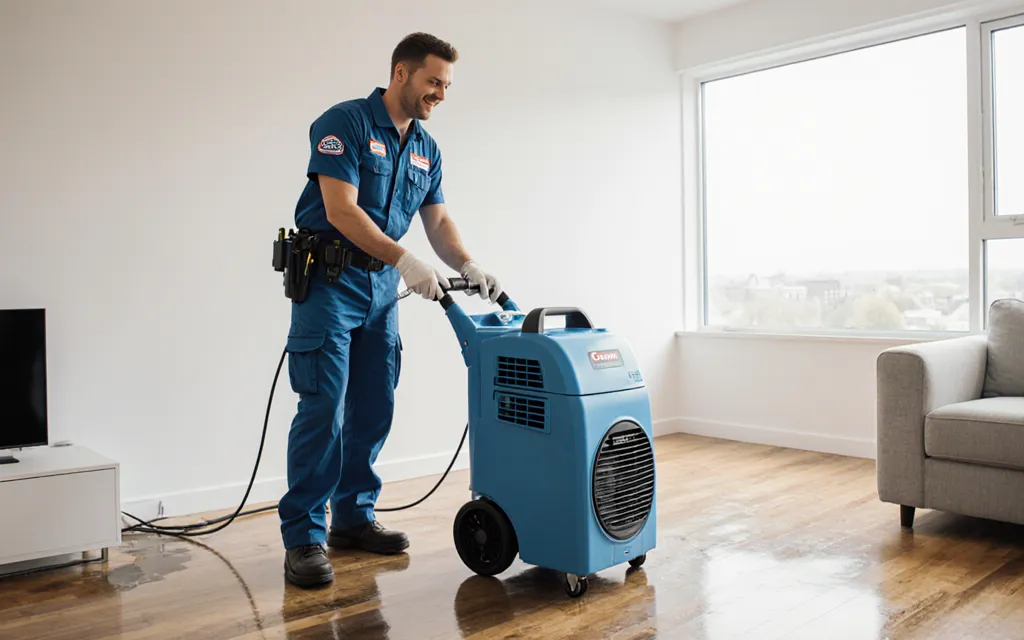 Water damage restoration technician drying a home with commercial equipment
