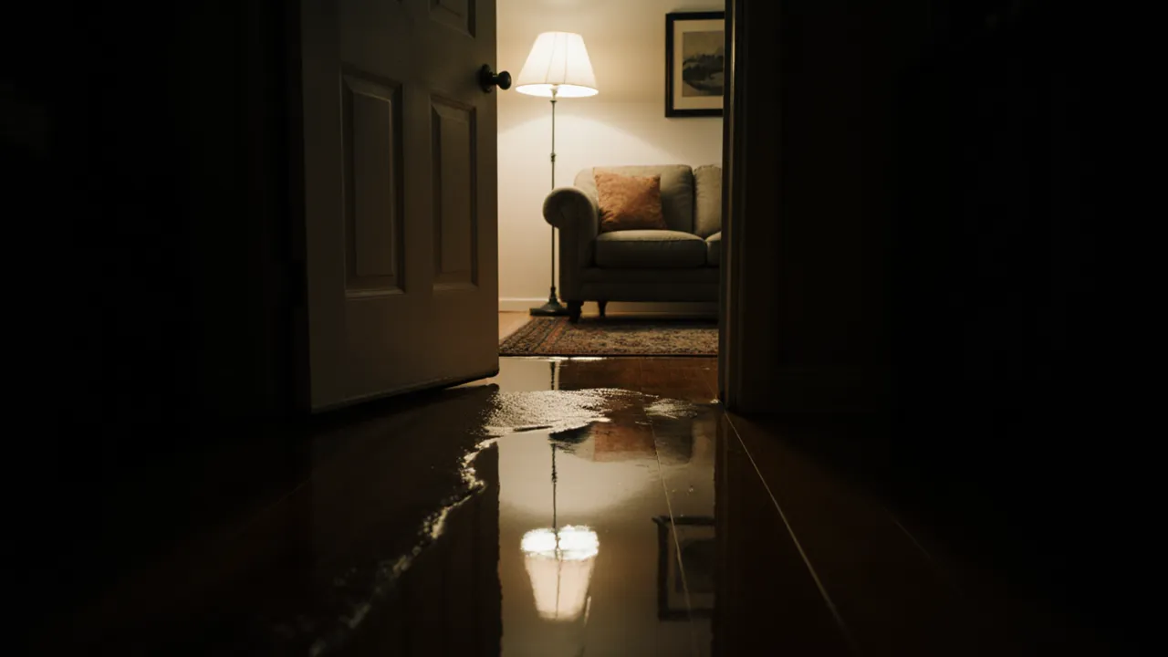 Water spreading across a dark hardwood floor at night from under a closed door, lit by a single lamp