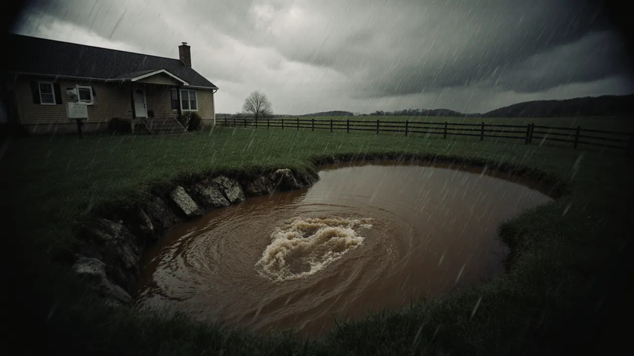 Storm runoff swirling into a sinkhole depression in a Bowling Green yard beside a ranch house
