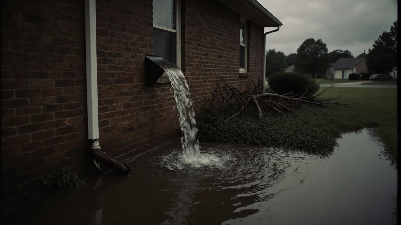 Storm runoff overflowing a clogged gutter and pooling against the brick foundation of a Carolina home