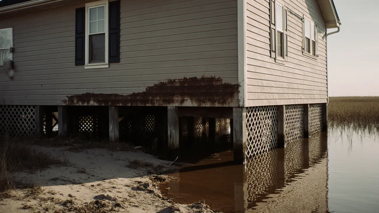 Coastal home on pilings showing a storm surge waterline and marsh debris after flooding