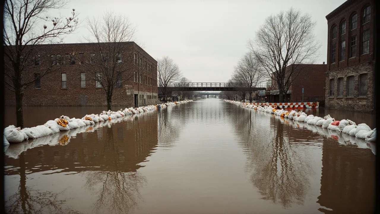 Mississippi River flood water over a Davenport riverfront street held back by sandbags and flood barriers