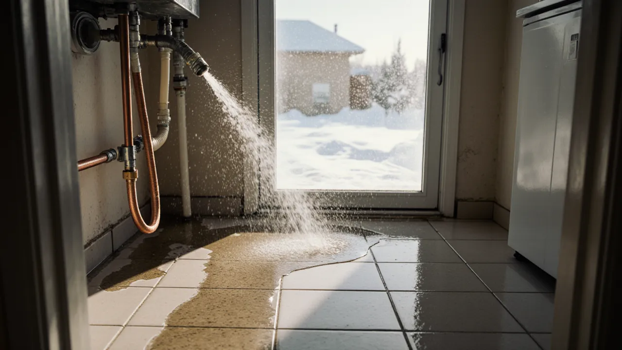 Burst water line spraying inside a utility room with deep snow visible outside the window