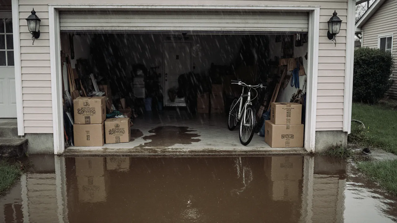 Muddy floodwater from heavy rain standing in a residential garage with soaked cardboard boxes