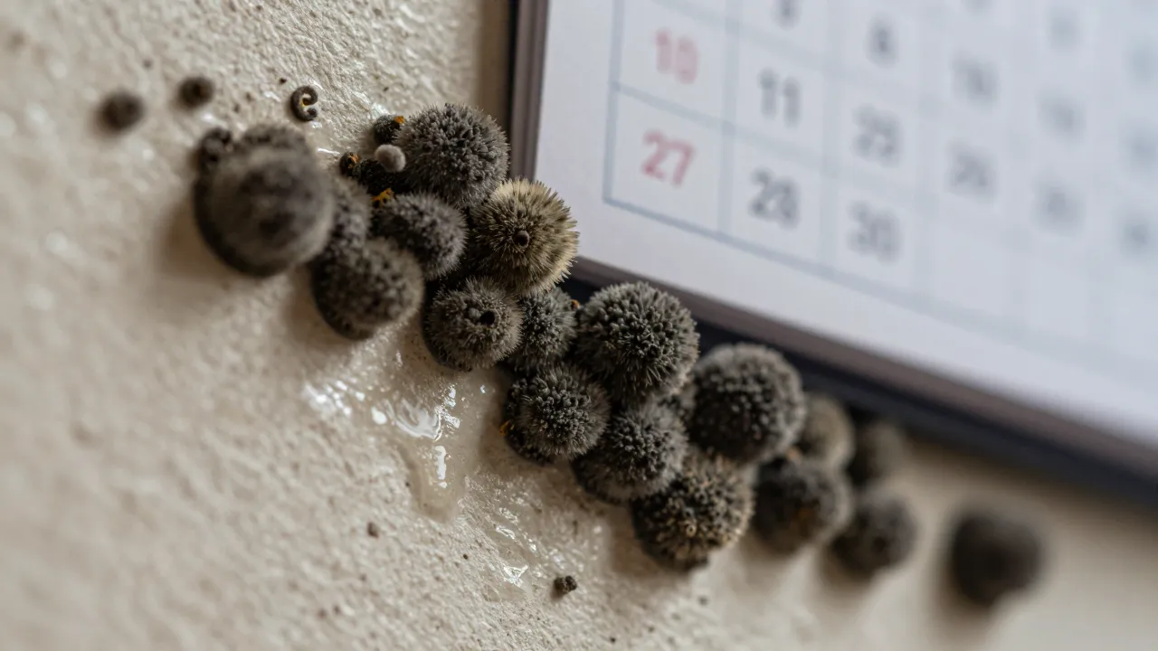 Mold developing on a damp surface within days of water damage