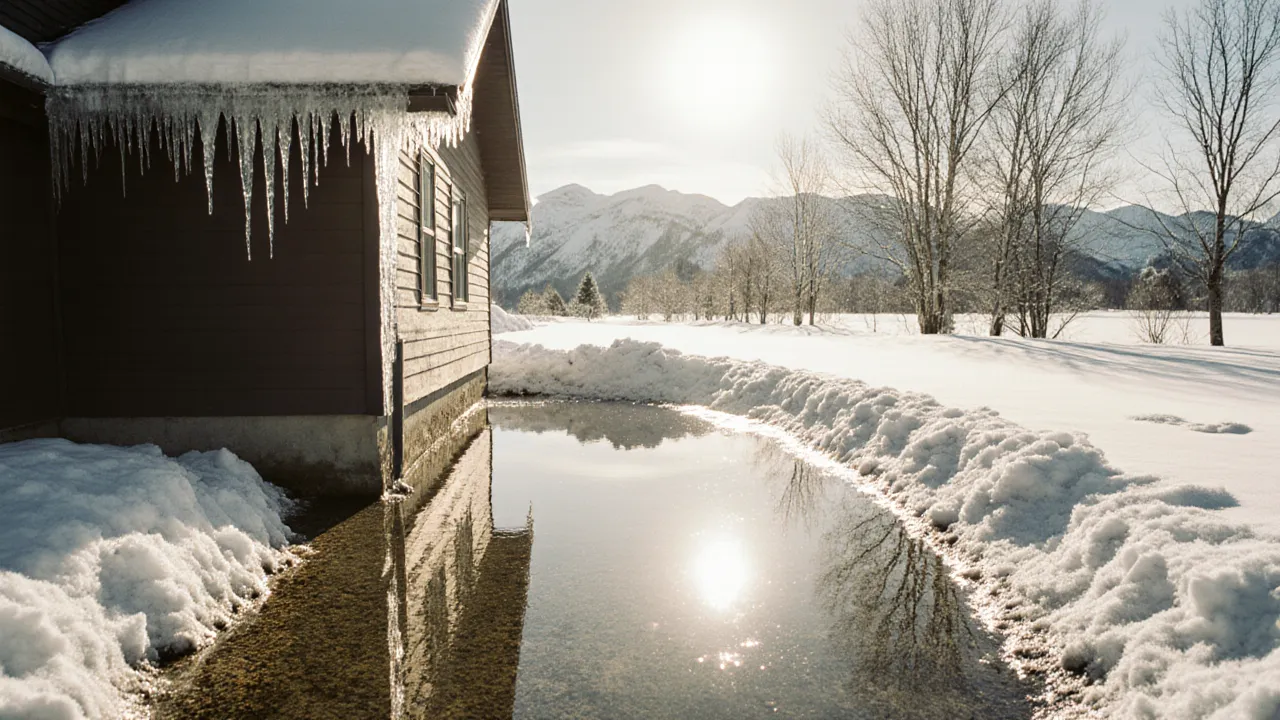 Spring snowmelt pooling against an Idaho Falls home foundation below a heavy ice dam and icicles