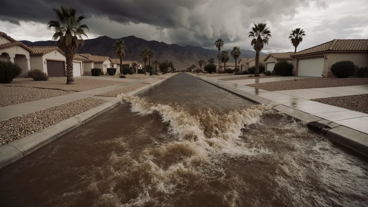 Monsoon flash flood surging down a desert suburban street below dark thunderheads