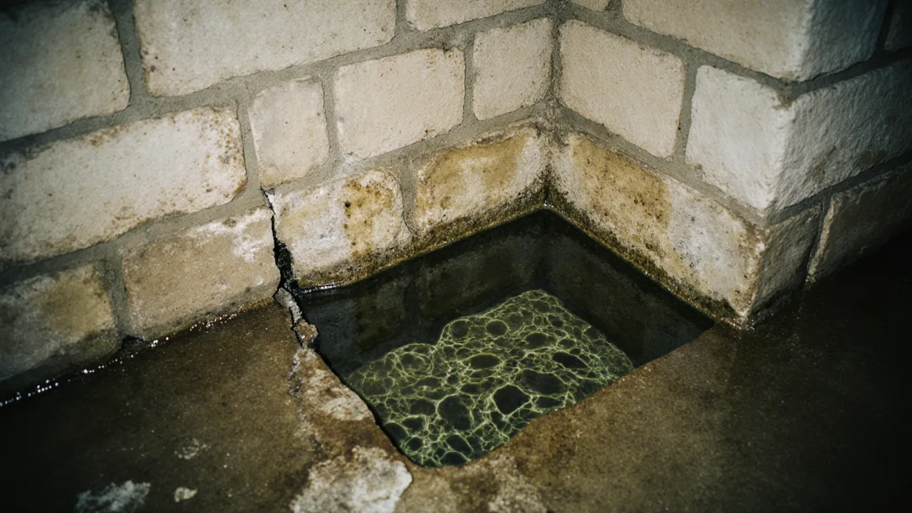 Groundwater seeping through a cracked floor into a limestone-walled basement sump pit