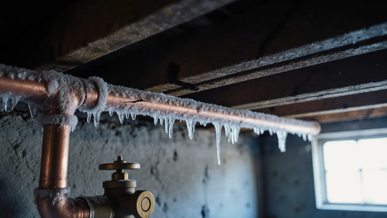 Frost-covered copper water pipe with ice crystals and a split running along an unheated basement ceiling