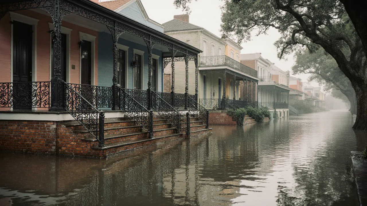Floodwater standing against the brick steps of raised New Orleans shotgun houses after a storm