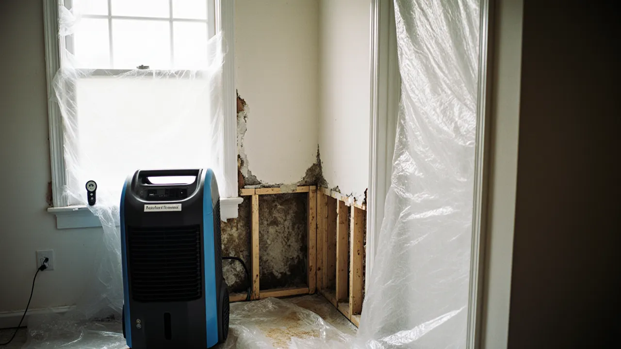 Dehumidifier running beside a wall opened to the studs with containment sheeting during mold prevention drying